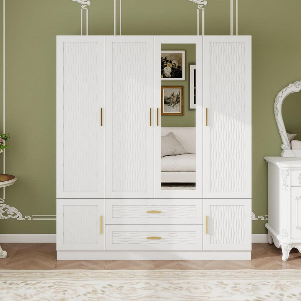75" White Ribbed Texture Wood Mirrored Six Door Two Drawer Combo Dresser-4