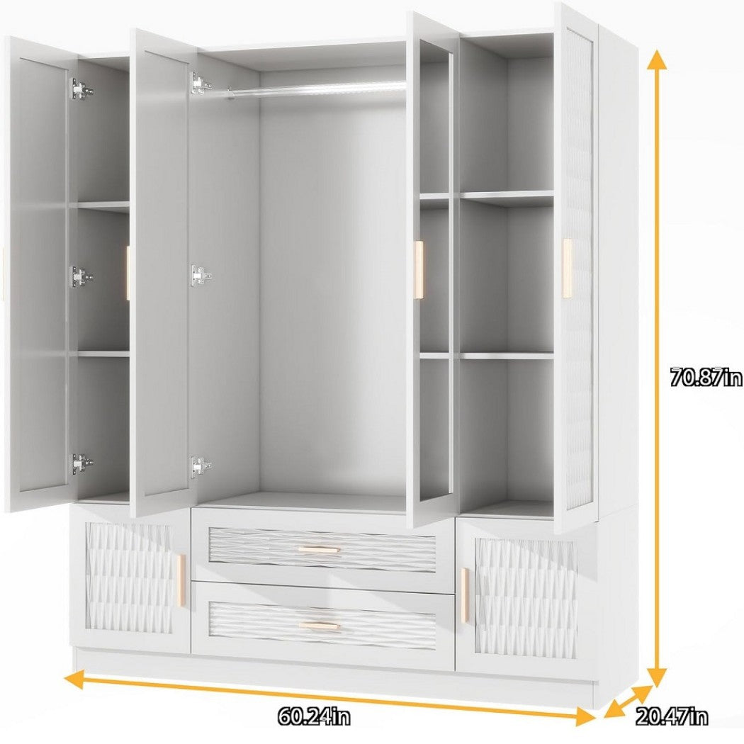 75" White Ribbed Texture Wood Mirrored Six Door Two Drawer Combo Dresser-6