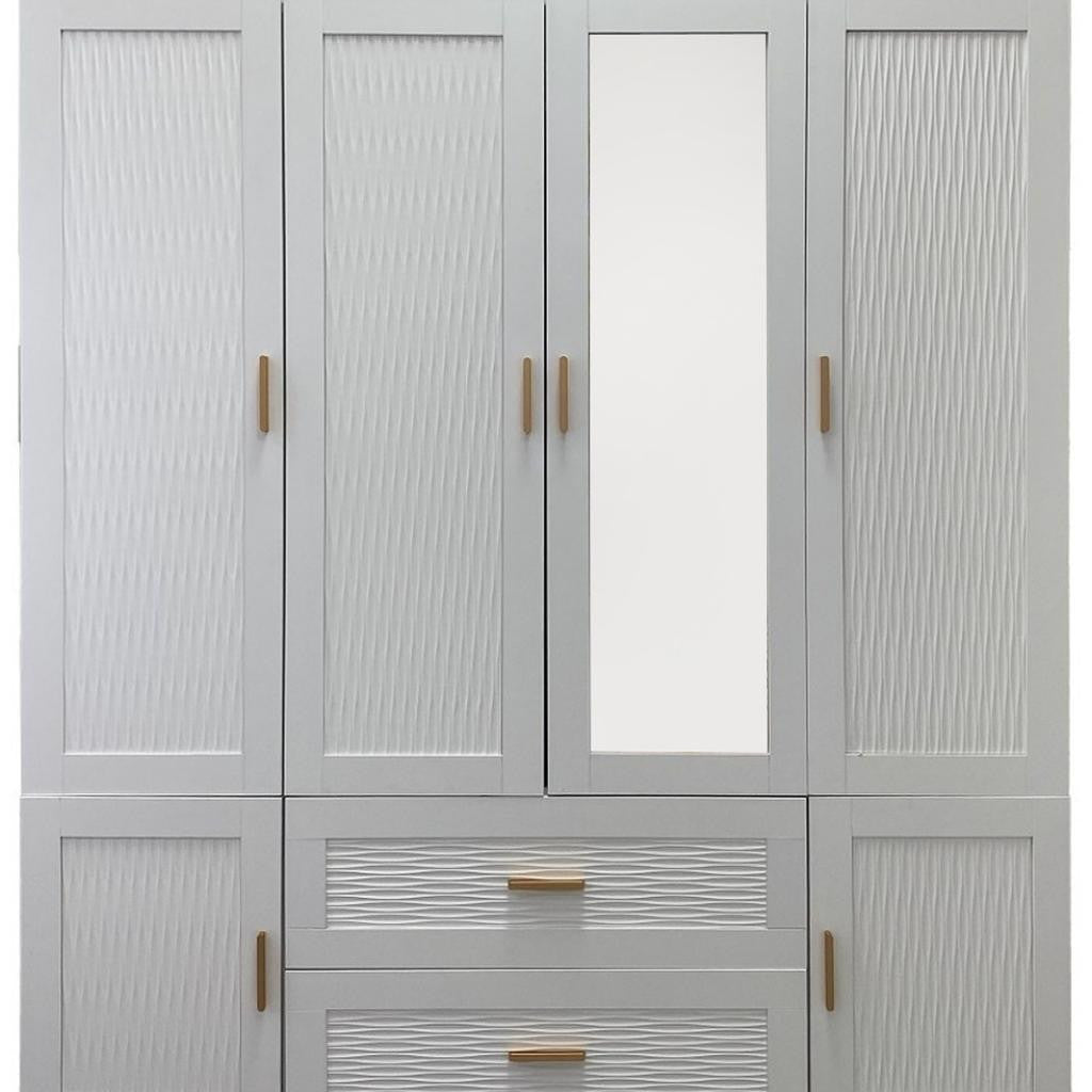 75" White Ribbed Texture Wood Mirrored Six Door Two Drawer Combo Dresser-3