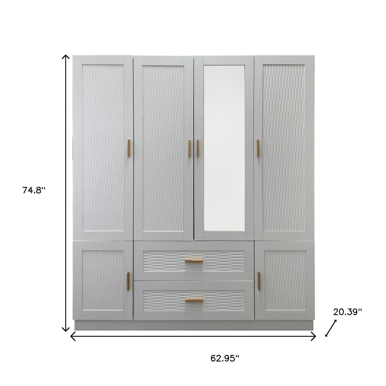 75" White Ribbed Texture Wood Mirrored Six Door Two Drawer Combo Dresser-7
