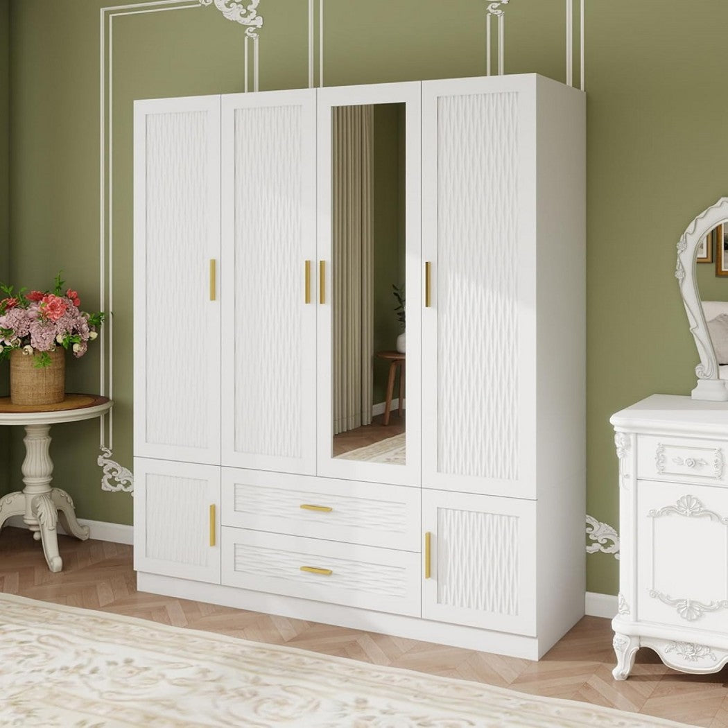 75" White Ribbed Texture Wood Mirrored Six Door Two Drawer Combo Dresser-5