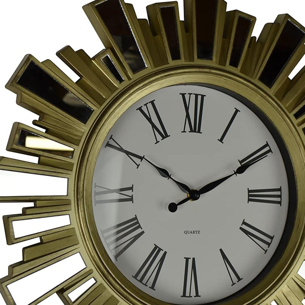 19" Gold And Clear Mirrored Glass And Heavy Duty Plastic Silent Analog Sunburst Wall Clock-4