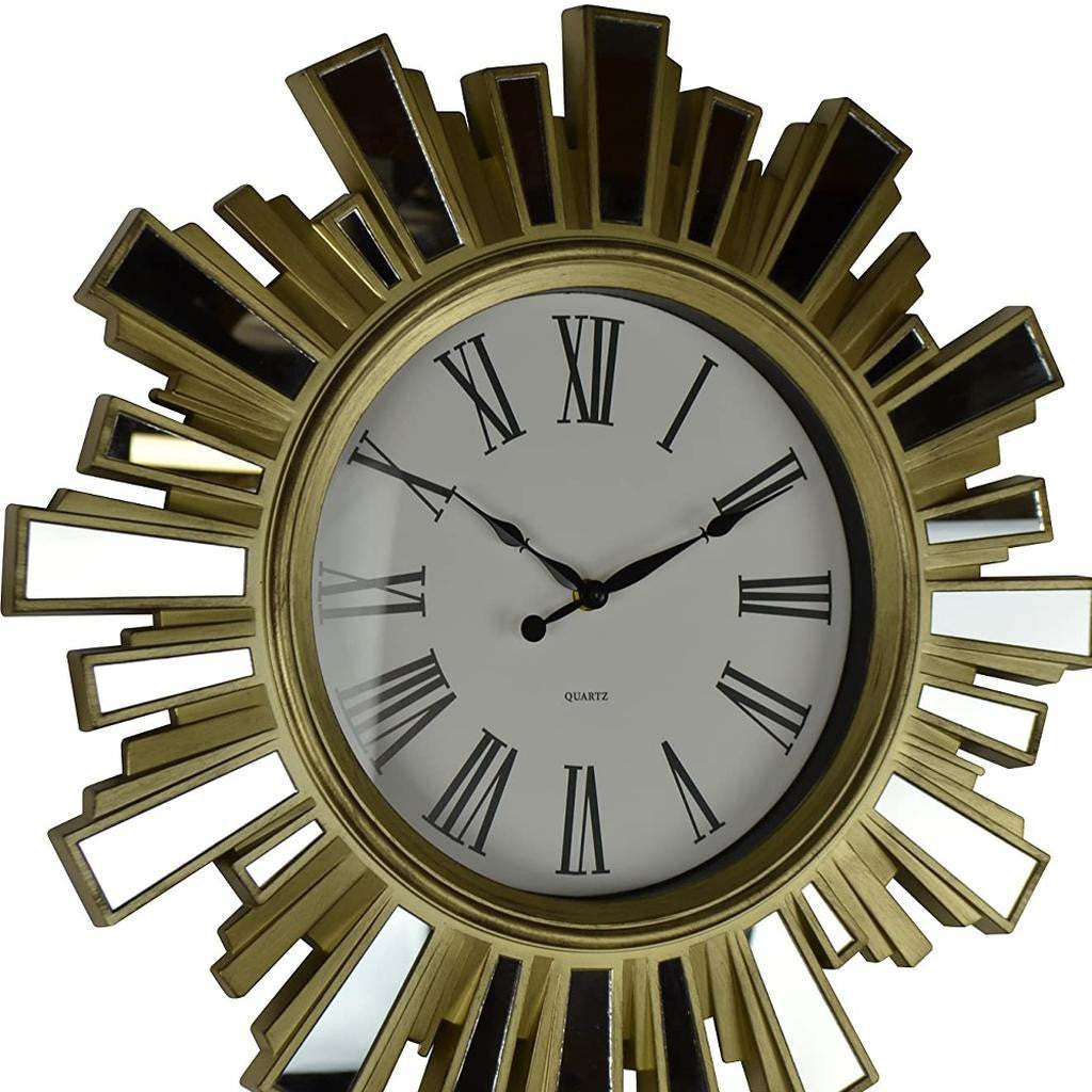 19" Gold And Clear Mirrored Glass And Heavy Duty Plastic Silent Analog Sunburst Wall Clock-5