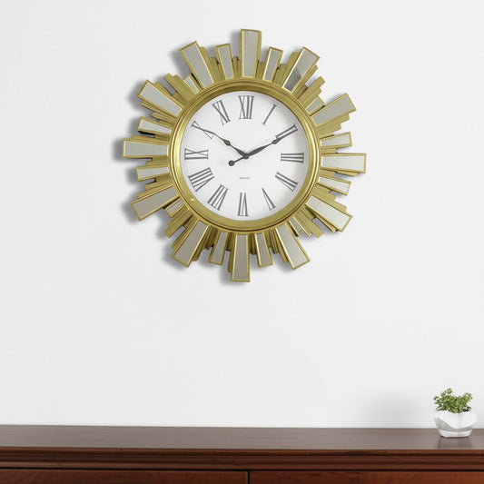 19" Gold And Clear Mirrored Glass And Heavy Duty Plastic Silent Analog Sunburst Wall Clock-0
