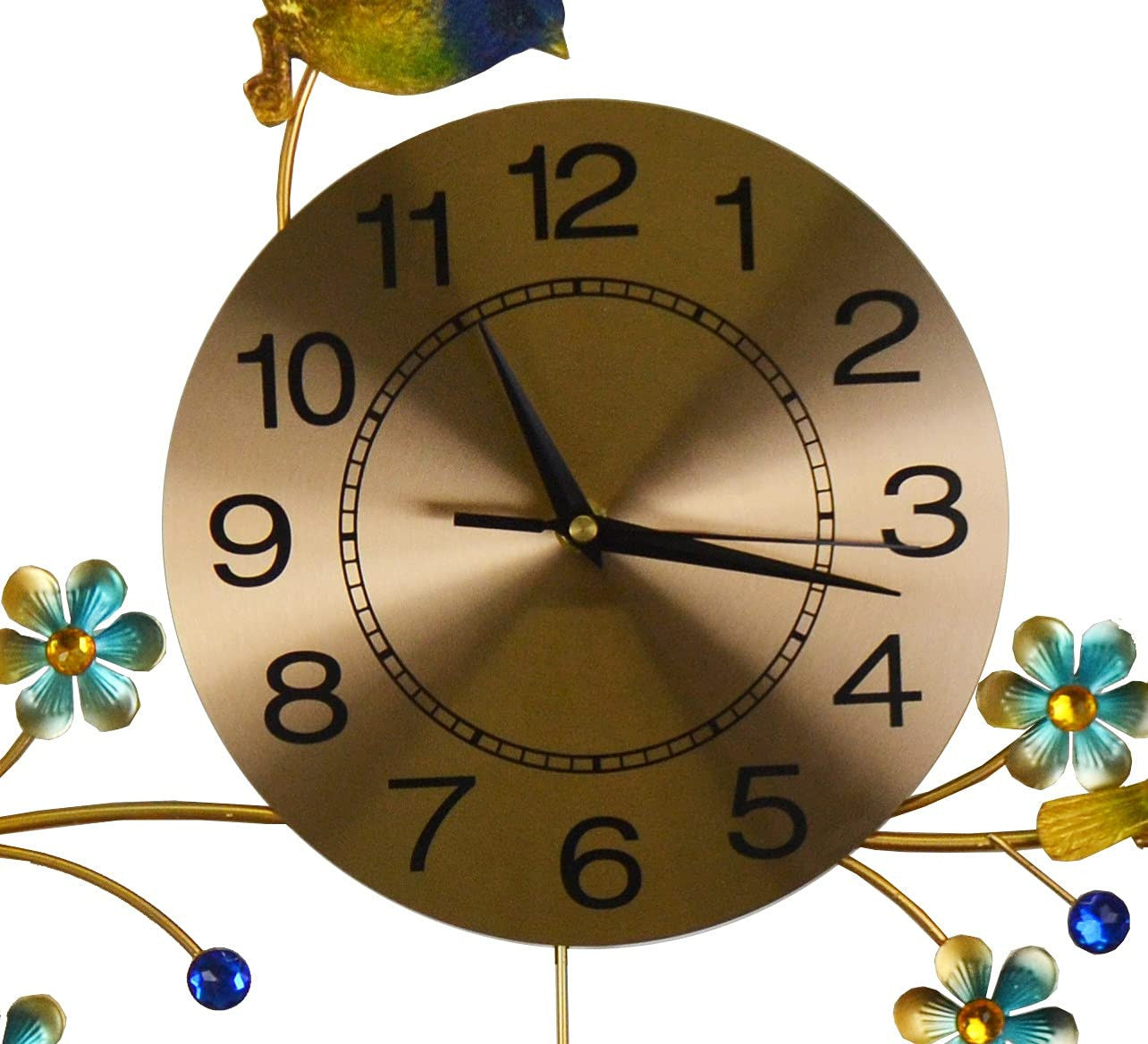 24" Blue Green And Gold Metal Silent Pendulum Floral Wall Clock-3