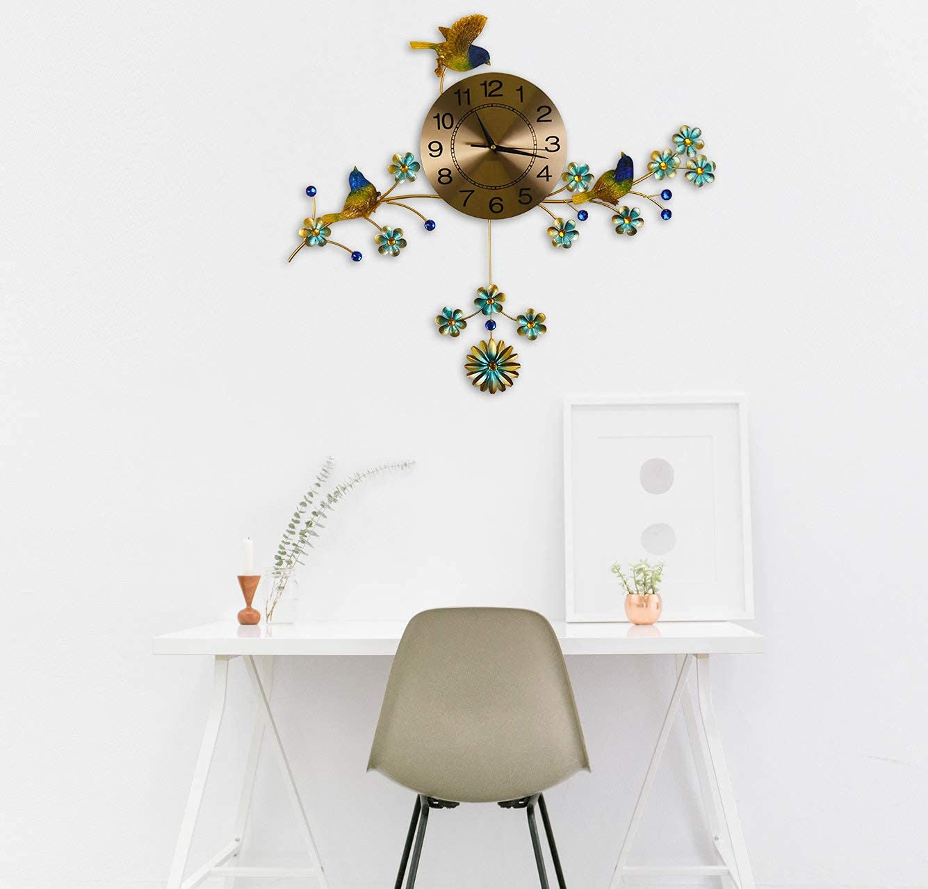 24" Blue Green And Gold Metal Silent Pendulum Floral Wall Clock-5