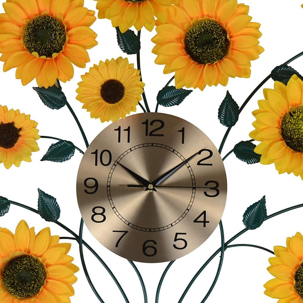 31" Yellow Green And Gold Metal Silent Analog Sunflower Floral Wall Clock-3