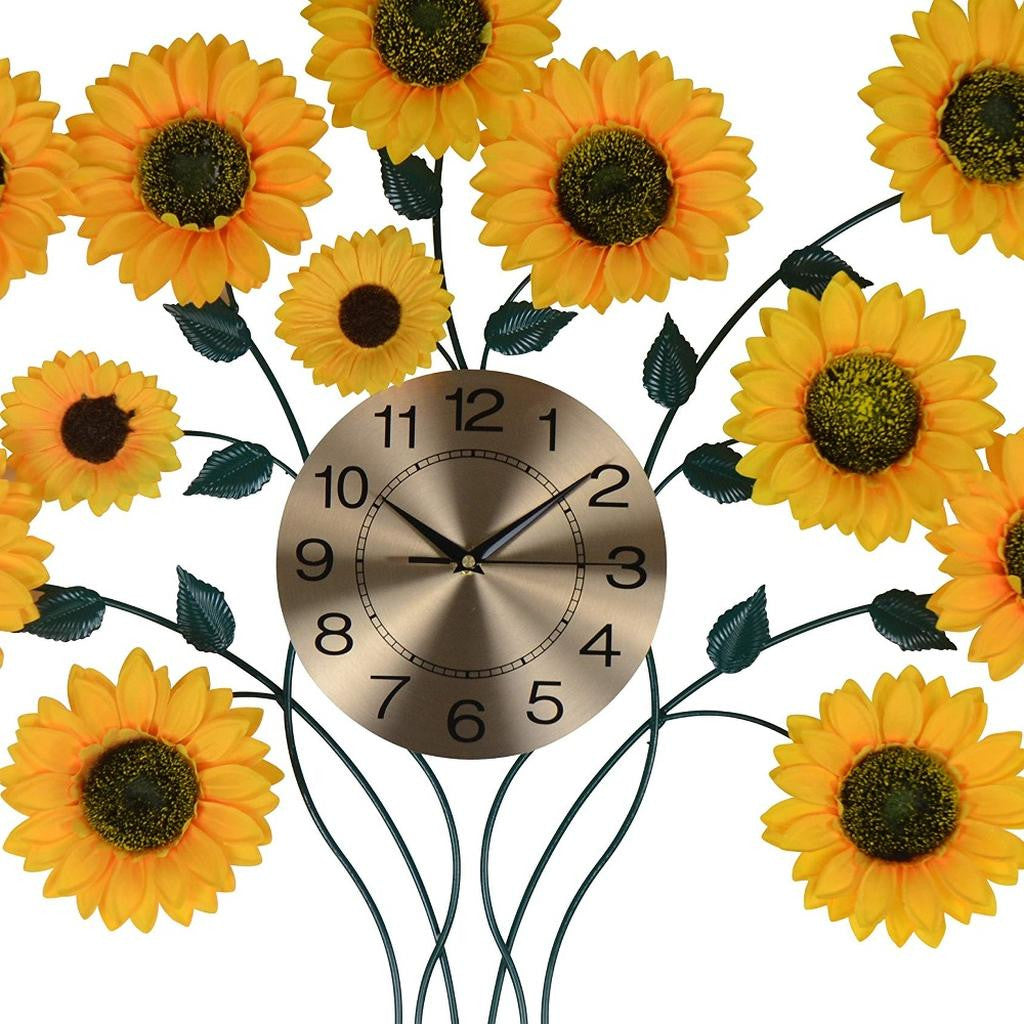 31" Yellow Green And Gold Metal Silent Analog Sunflower Floral Wall Clock-2