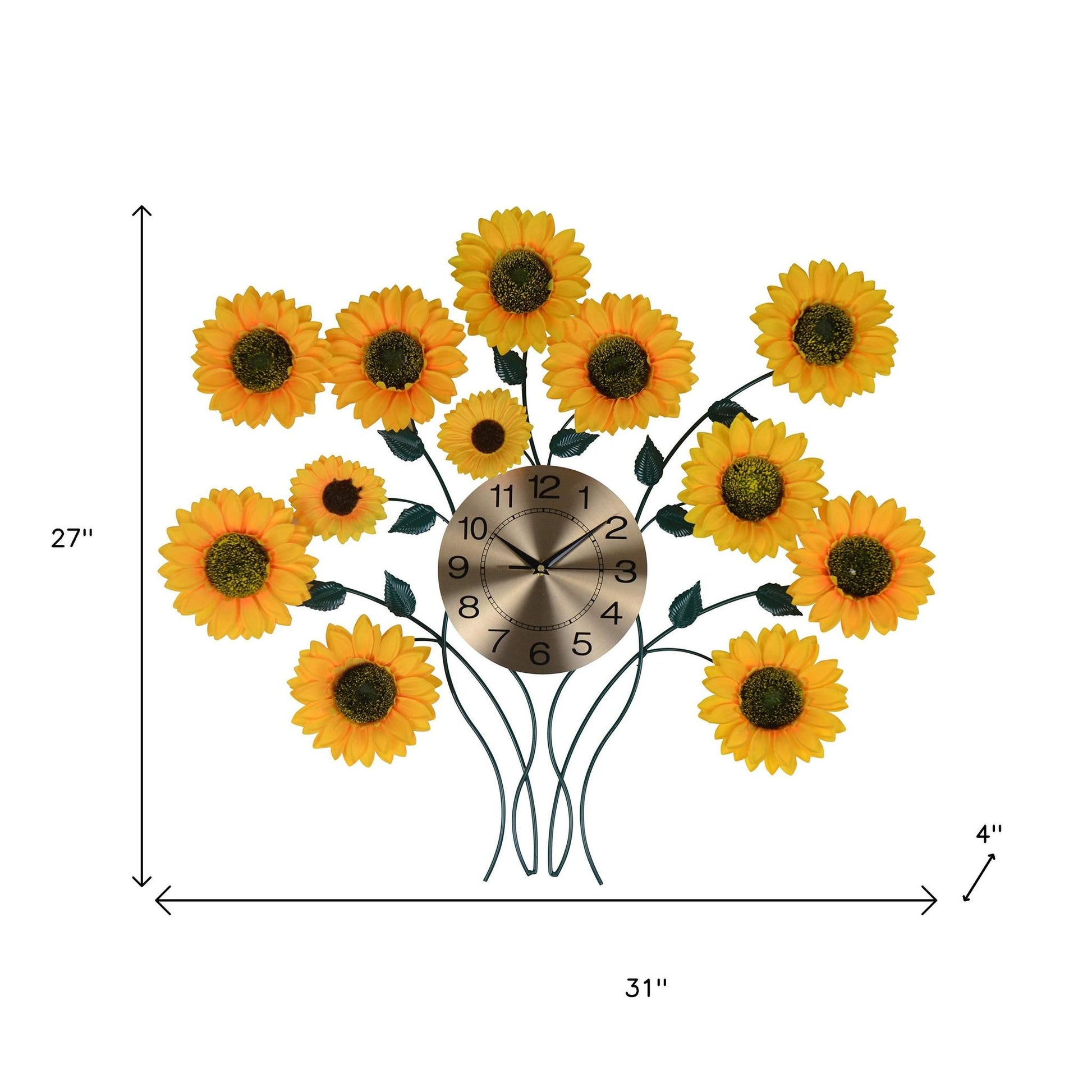 31" Yellow Green And Gold Metal Silent Analog Sunflower Floral Wall Clock-4