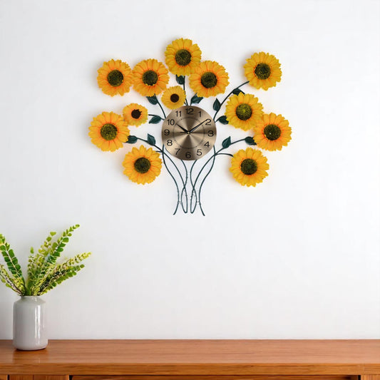 31" Yellow Green And Gold Metal Silent Analog Sunflower Floral Wall Clock-0