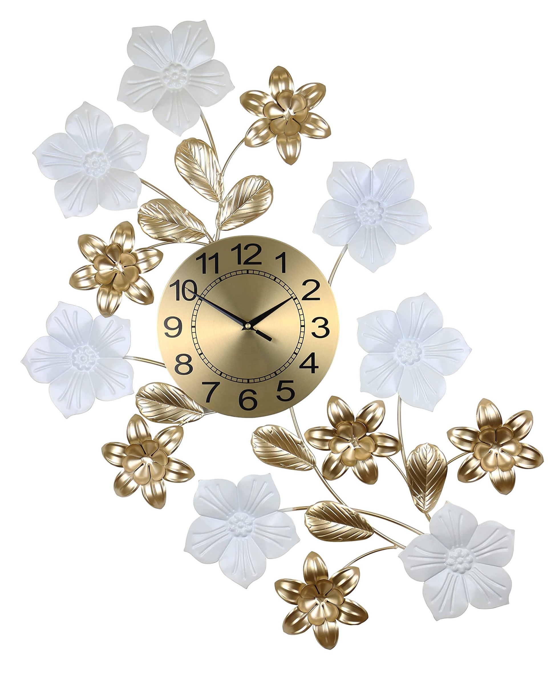 26" Gold White And Black Metal Silent Analog Floral Wall Clock-1