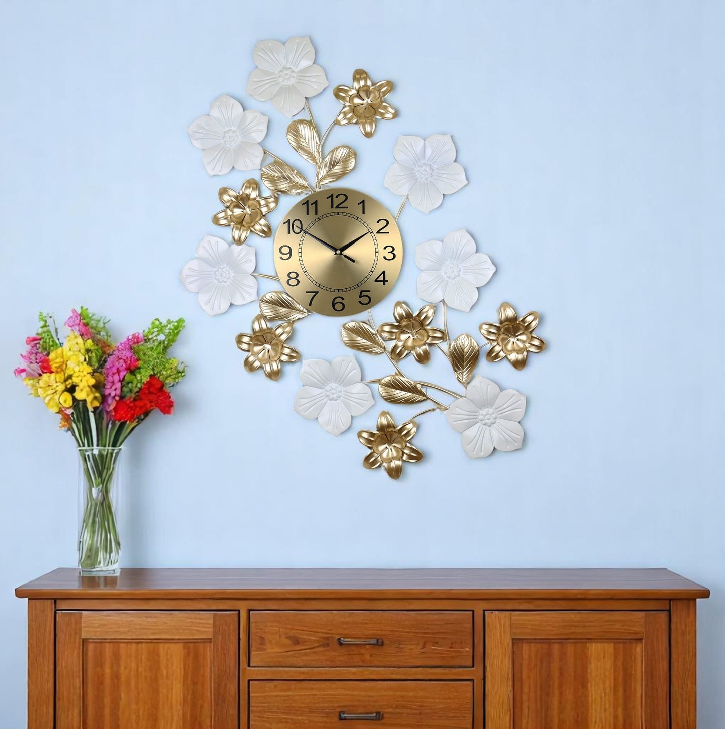 26" Gold White And Black Metal Silent Analog Floral Wall Clock-0
