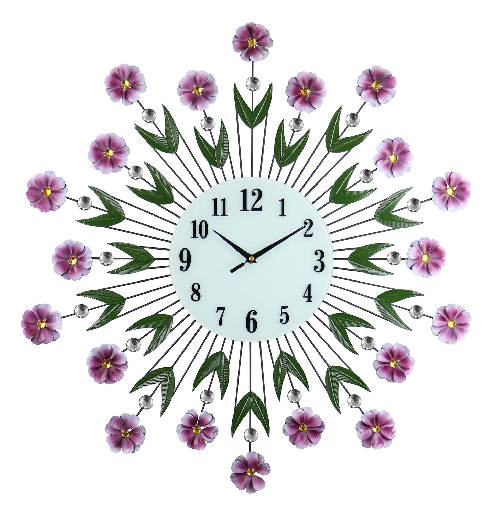 27" Purple Green And White Metal and Glass Silent Analog Floral Round Wall Clock-1