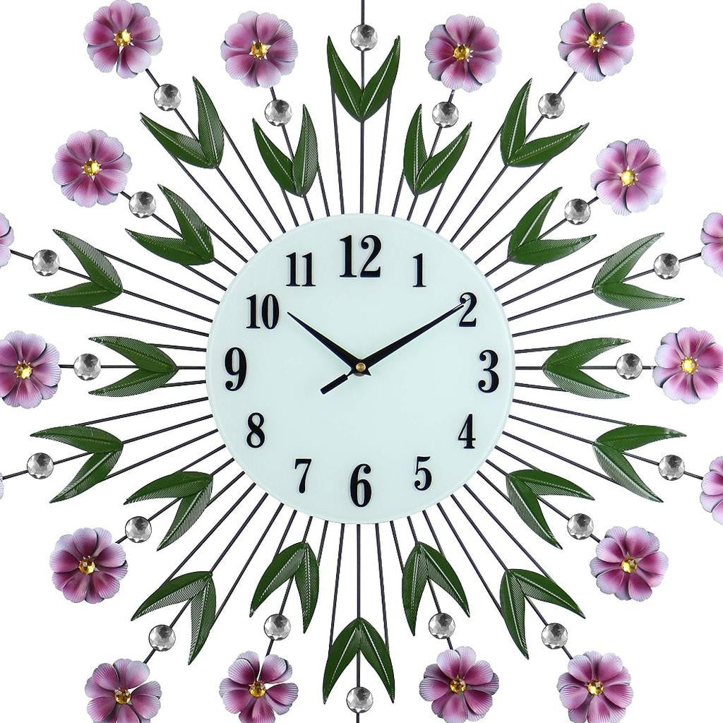 27" Purple Green And White Metal and Glass Silent Analog Floral Round Wall Clock-2