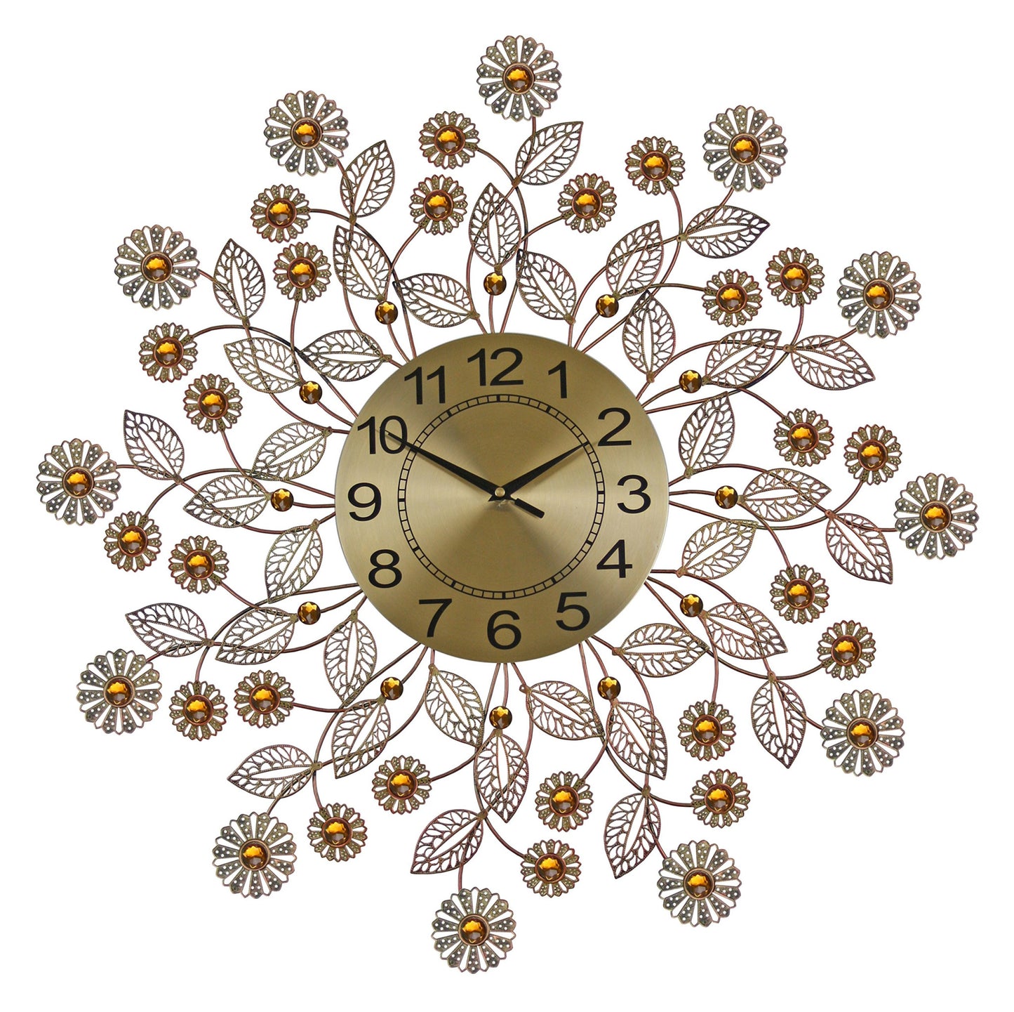 27" Gold And Black Metal And Faux Crystal Silent Analog FloralWall Clock-1
