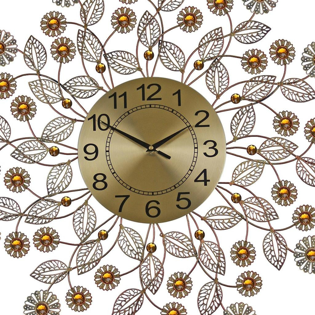 27" Gold And Black Metal And Faux Crystal Silent Analog FloralWall Clock-2