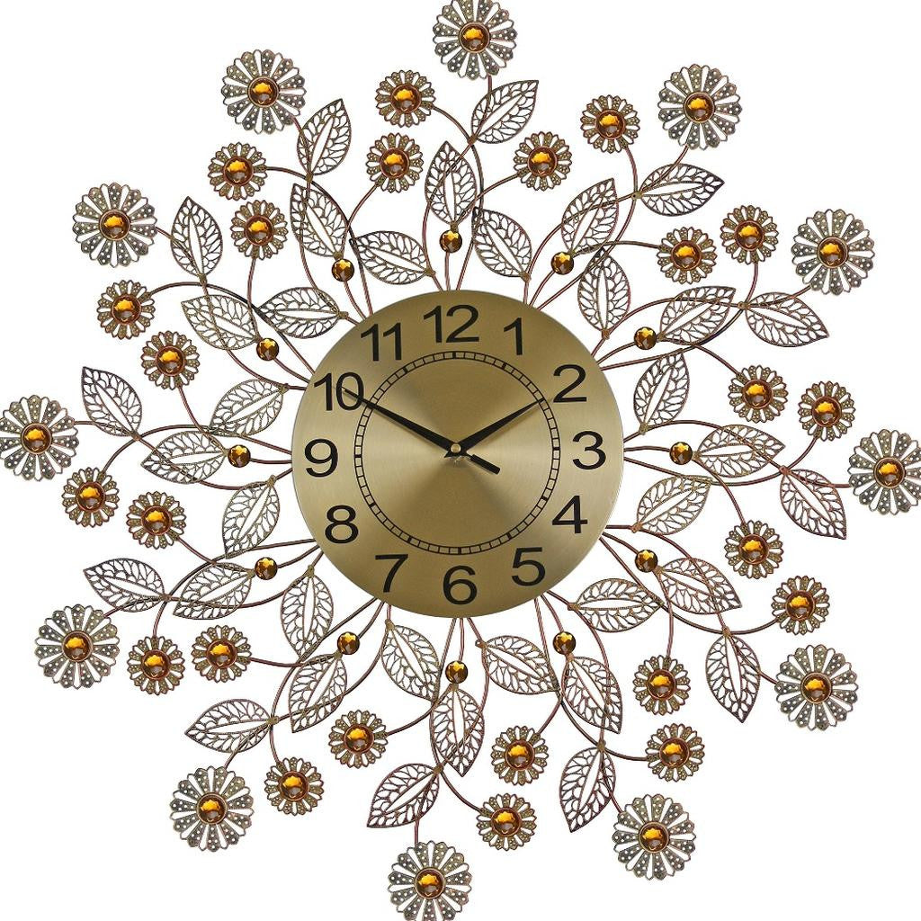 27" Gold And Black Metal And Faux Crystal Silent Analog FloralWall Clock-3