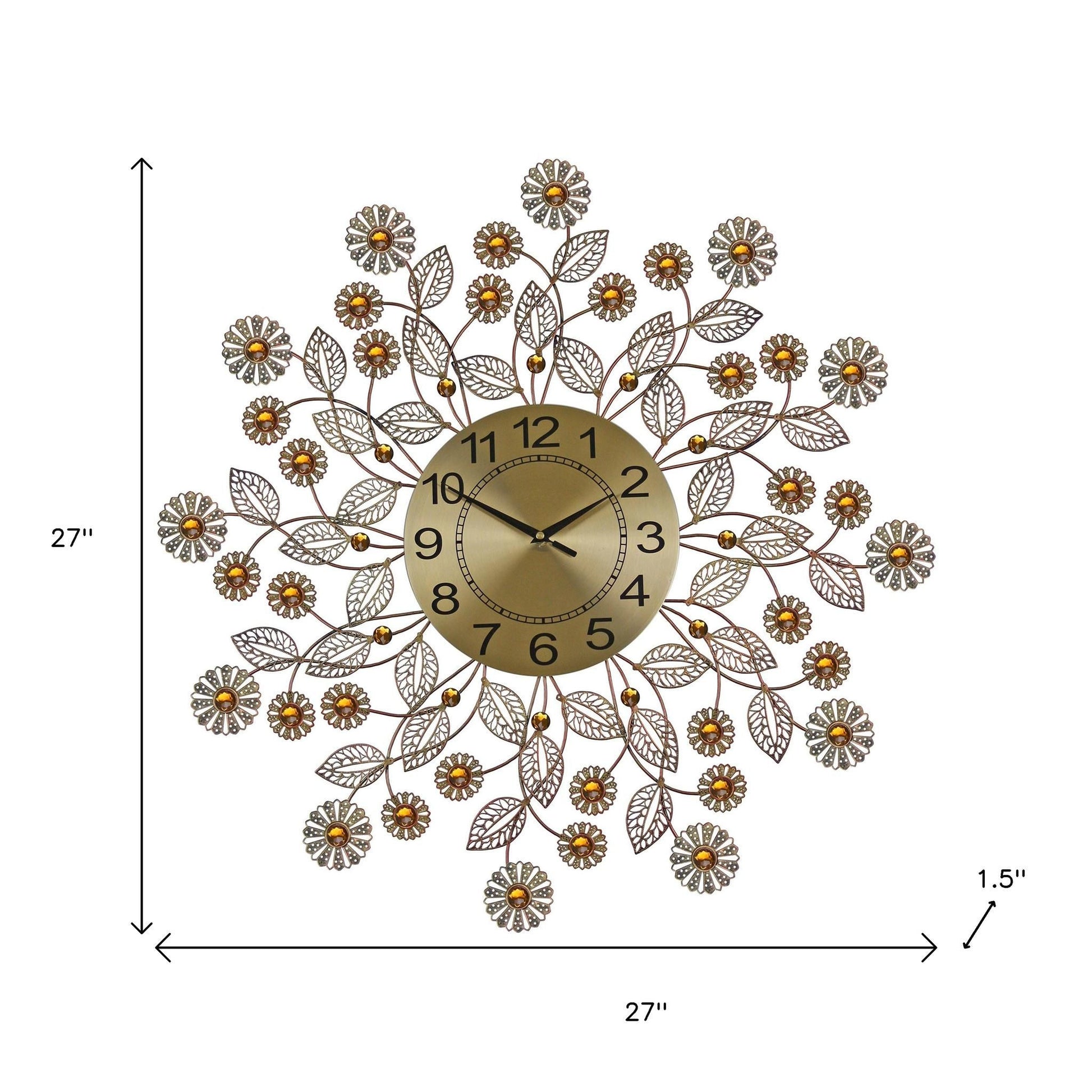27" Gold And Black Metal And Faux Crystal Silent Analog FloralWall Clock-4