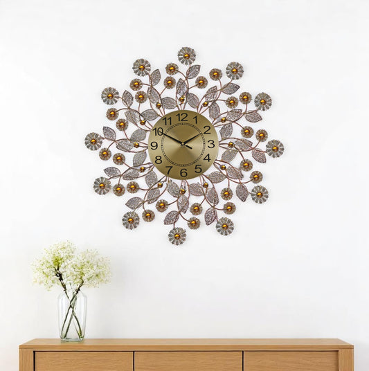 27" Gold And Black Metal And Faux Crystal Silent Analog FloralWall Clock-0