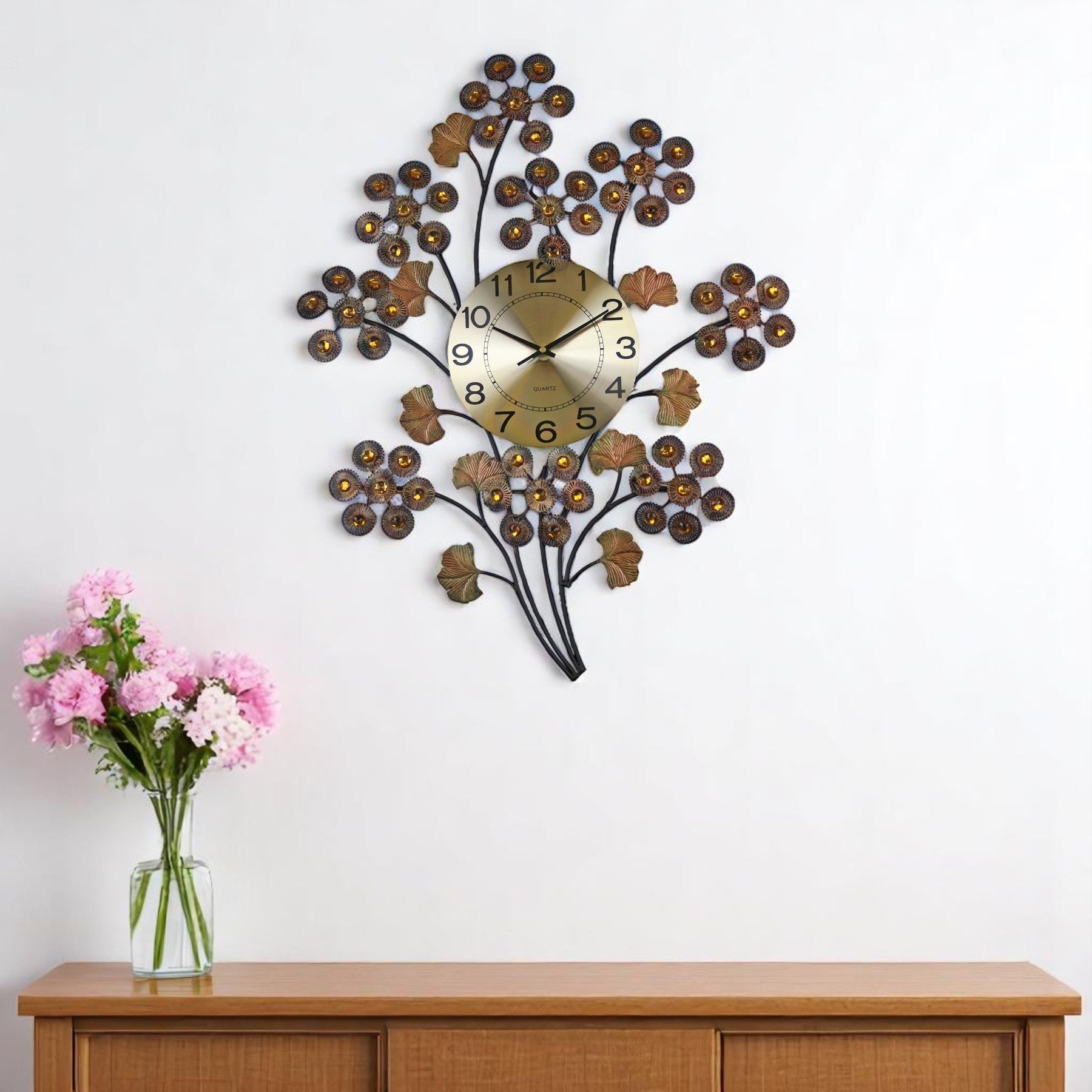 22" Copper Metal And Faux Crystal Silent Analog Gingko Floral Wall Clock-0