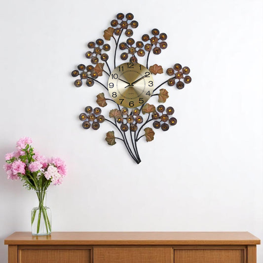 22" Copper Metal And Faux Crystal Silent Analog Gingko Floral Wall Clock-0