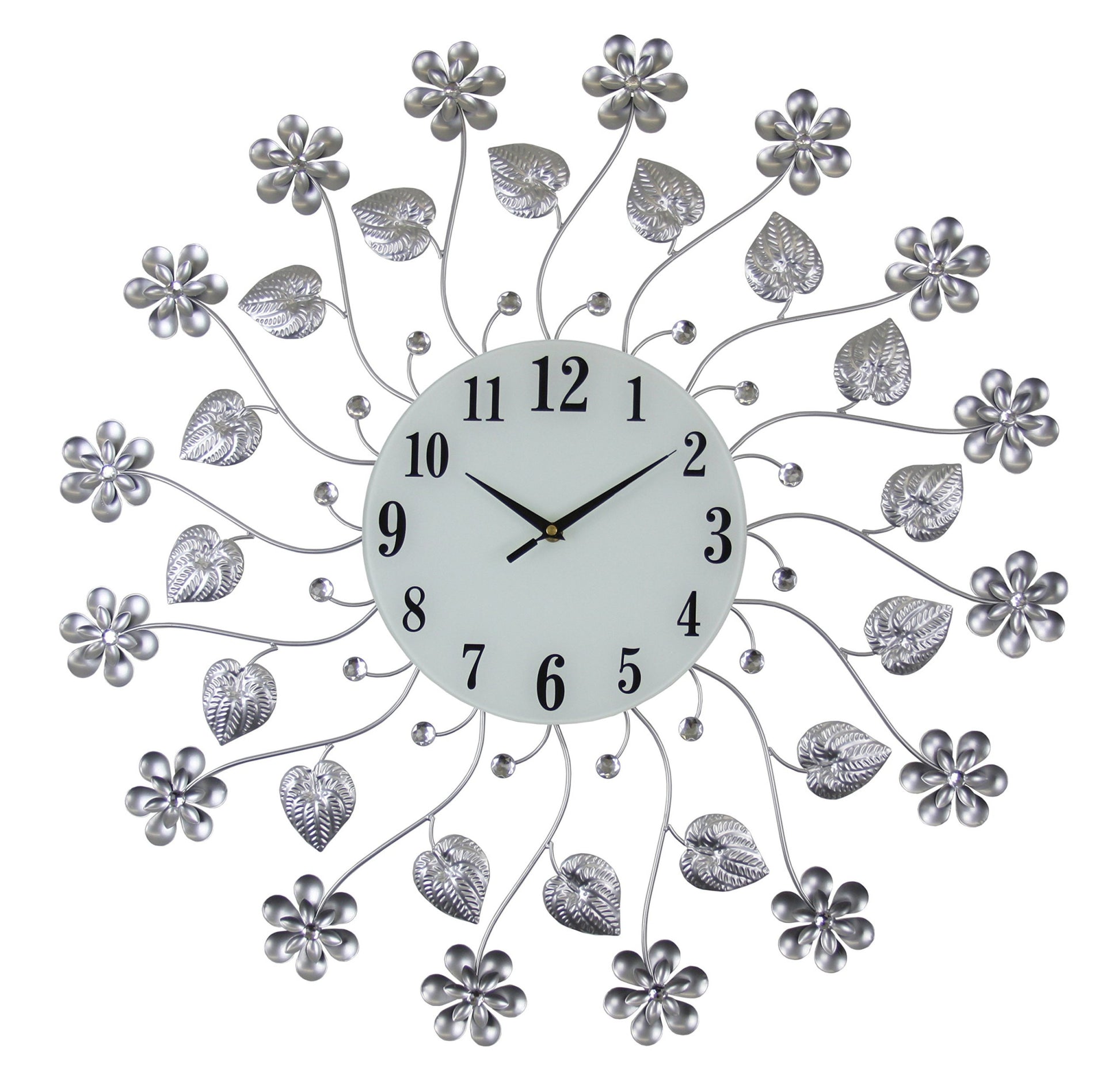 27" Silver White And Black Metal and Glass Silent Analog Floral Round Wall Clock-1