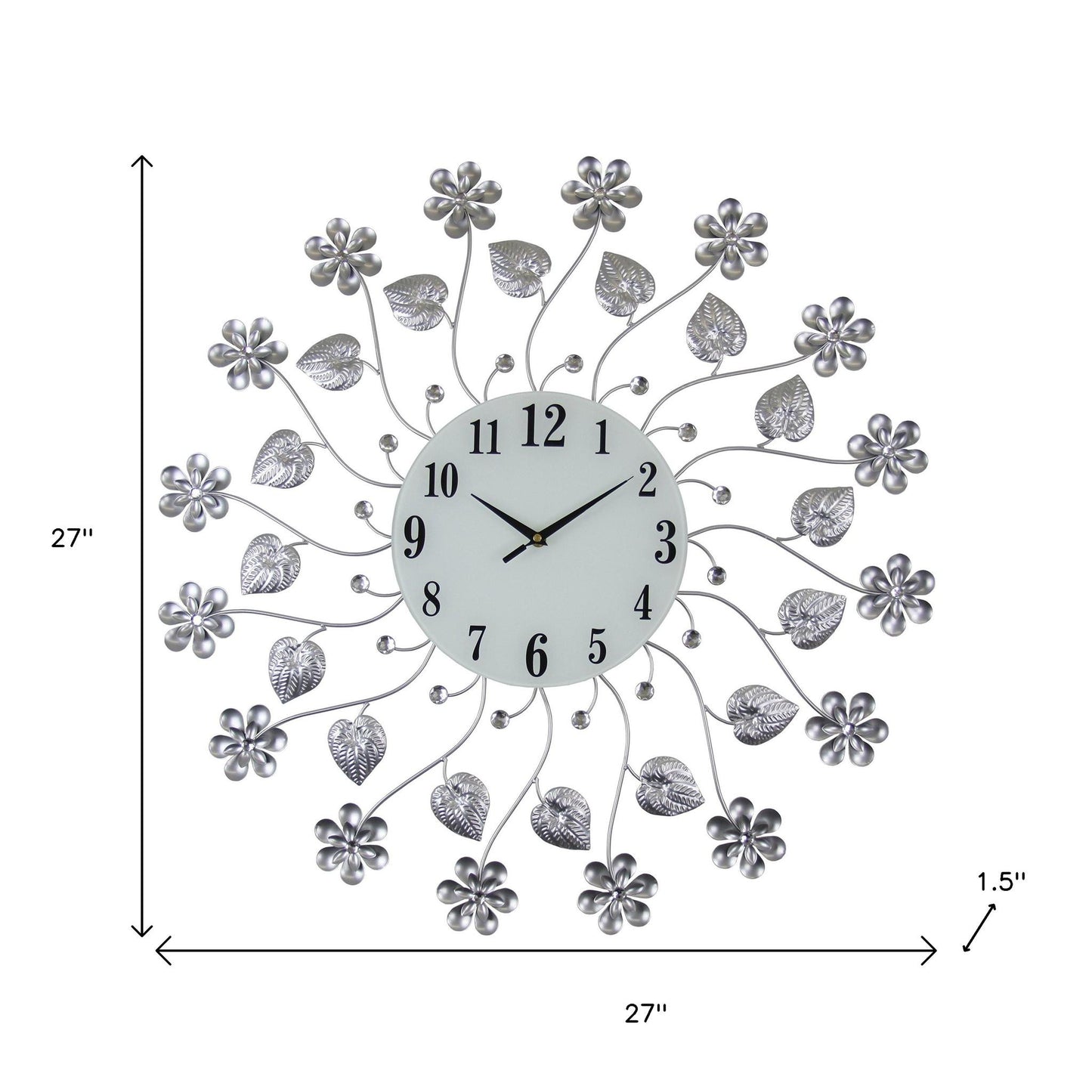 27" Silver White And Black Metal and Glass Silent Analog Floral Round Wall Clock-5