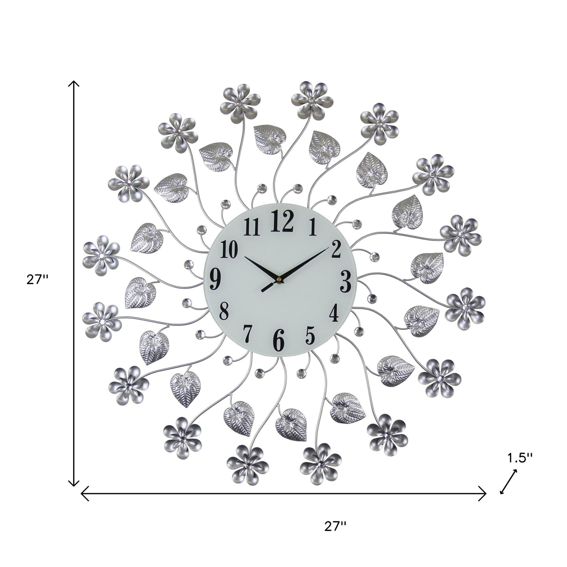 27" Silver White And Black Metal and Glass Silent Analog Floral Round Wall Clock-5