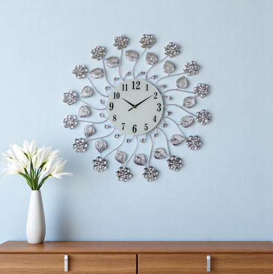 27" Silver White And Black Metal and Glass Silent Analog Floral Round Wall Clock-0