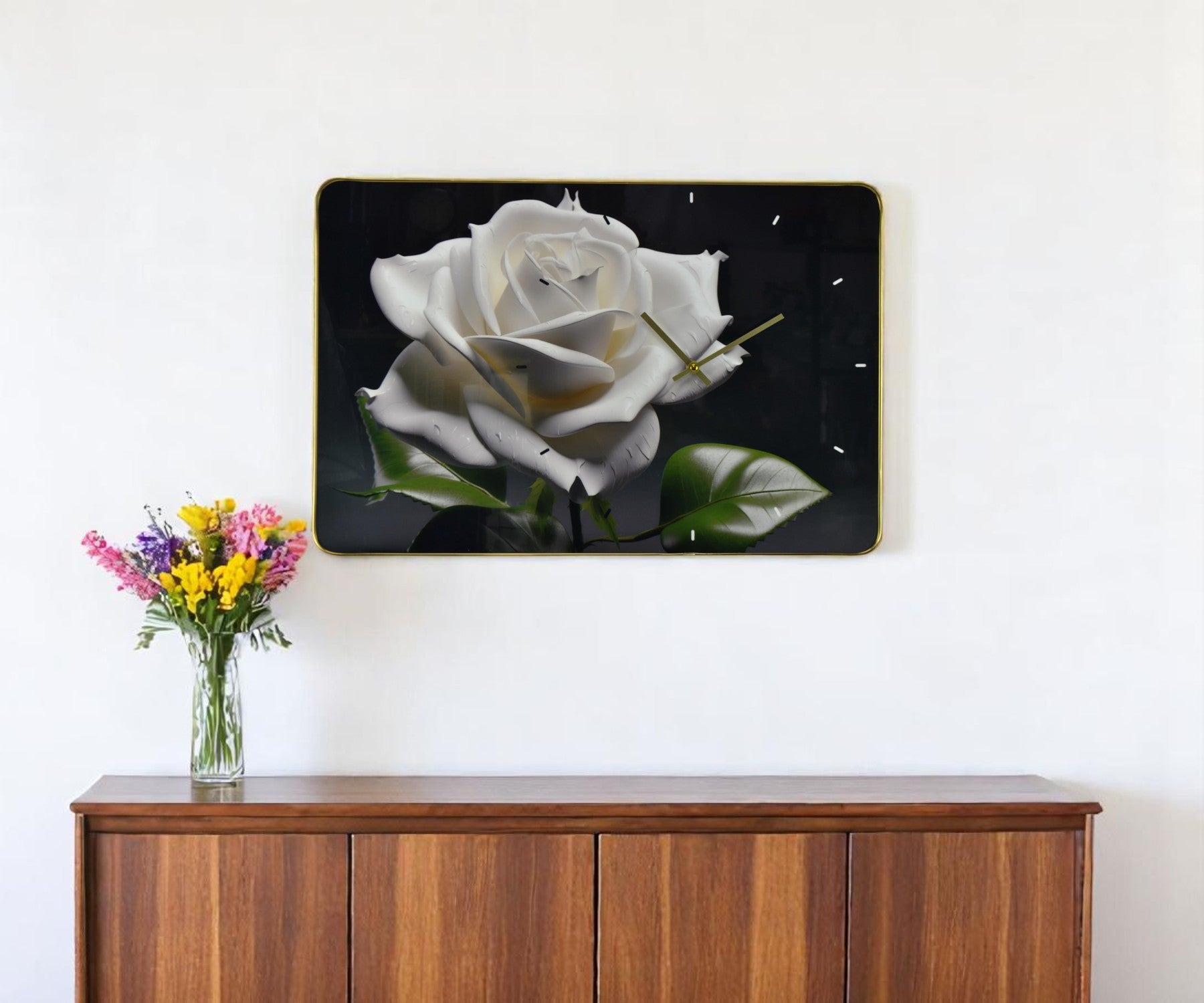 24" White Black And Green Solid Wood and Acrylic Silent Roses Floral Wall Clock-0