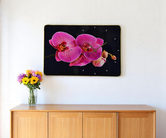 24" Pink Black And Gold Solid Wood and Acrylic Silent Orchids Floral Wall Clock-0