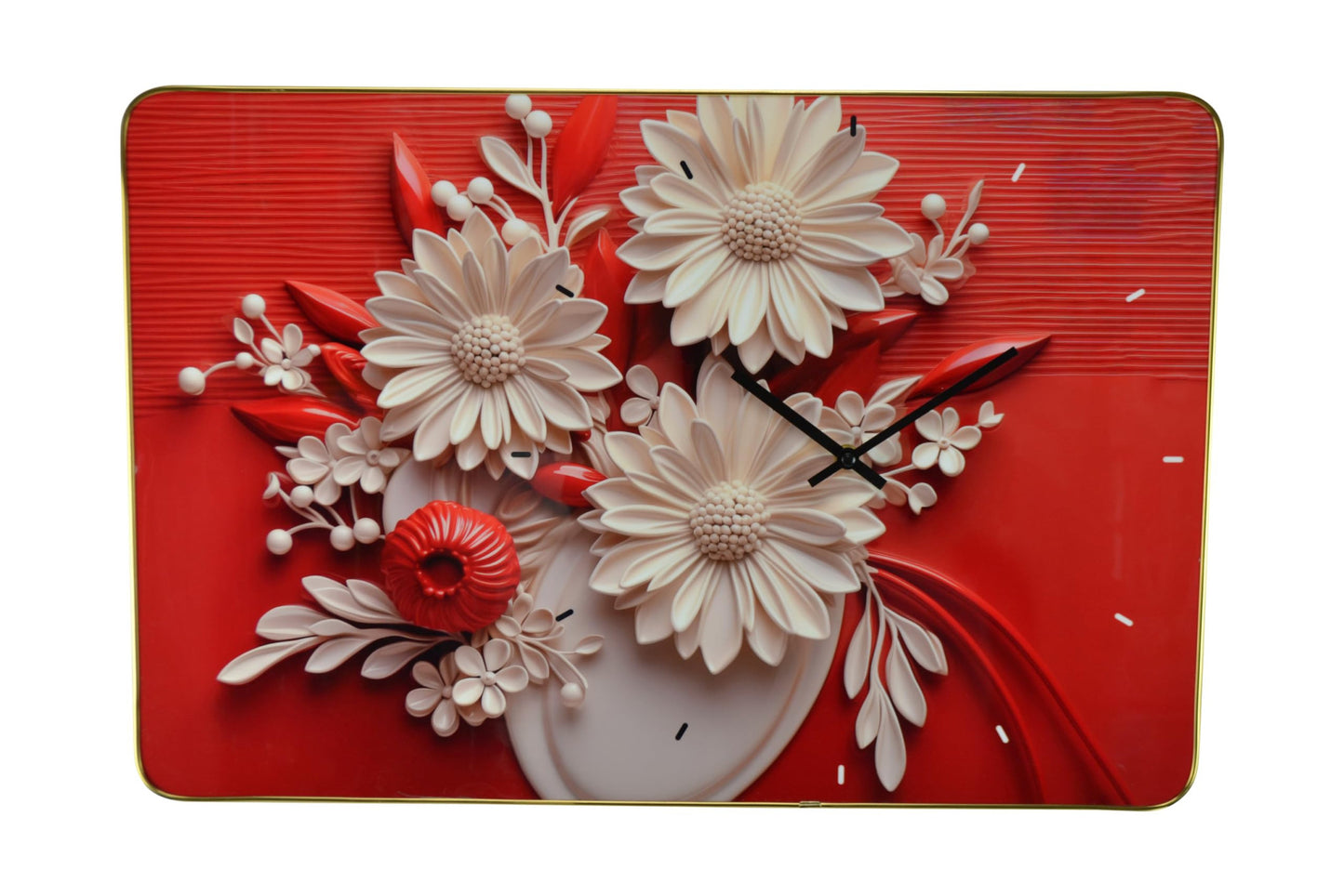 24" White Red And Black Solid Wood and Acrylic Silent Analog Floral Wall Clock-1