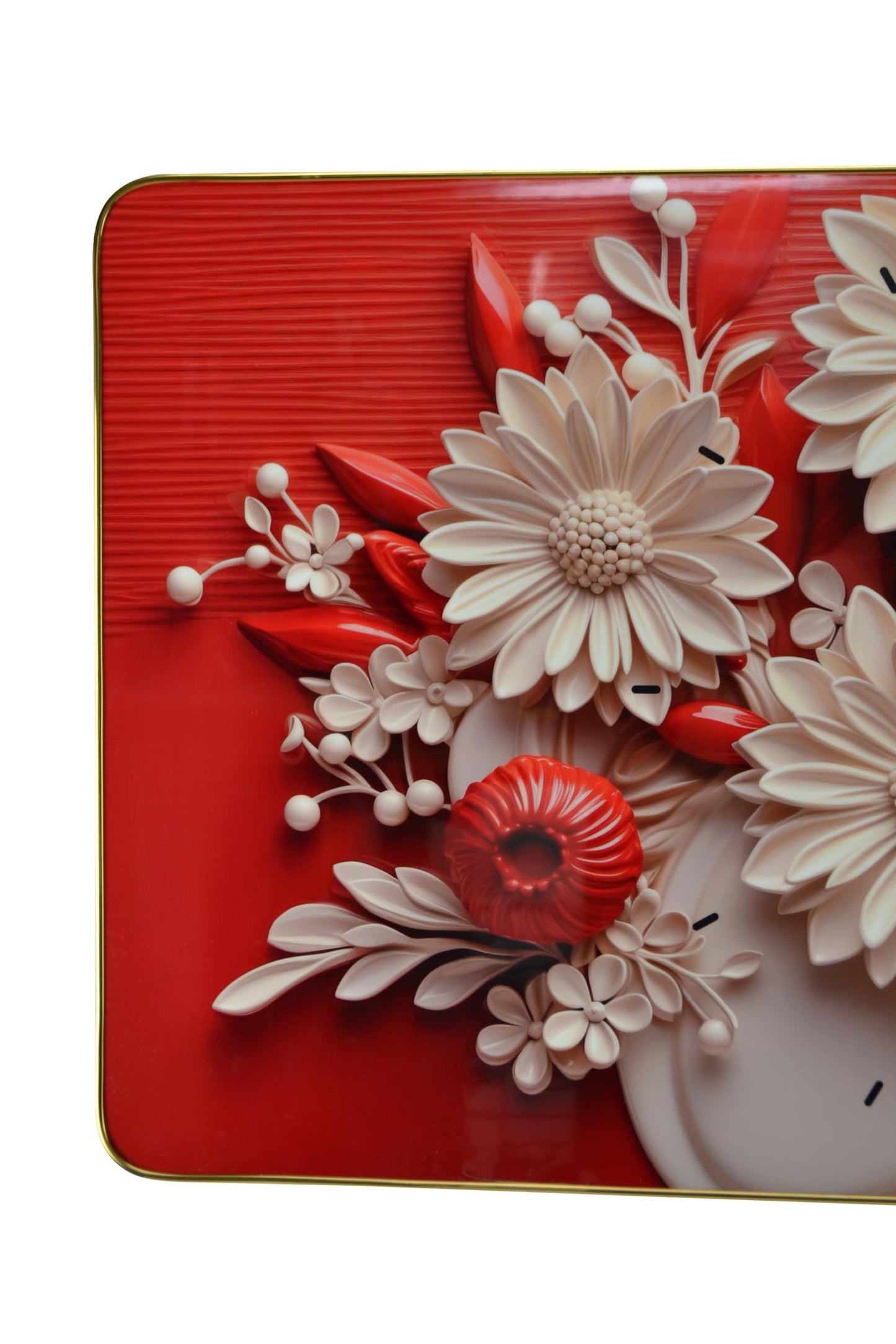 24" White Red And Black Solid Wood and Acrylic Silent Analog Floral Wall Clock-3