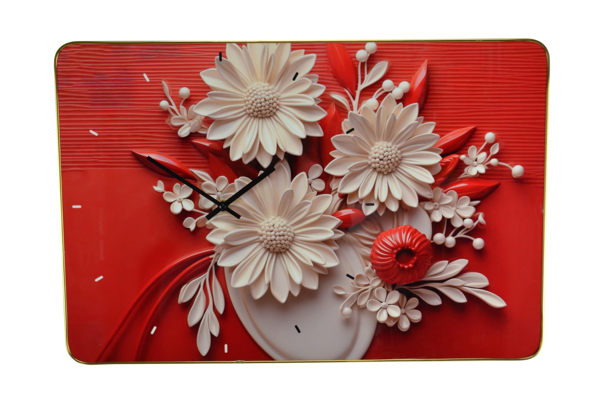 24" White Red And Black Solid Wood and Acrylic Silent Analog Floral Wall Clock-5