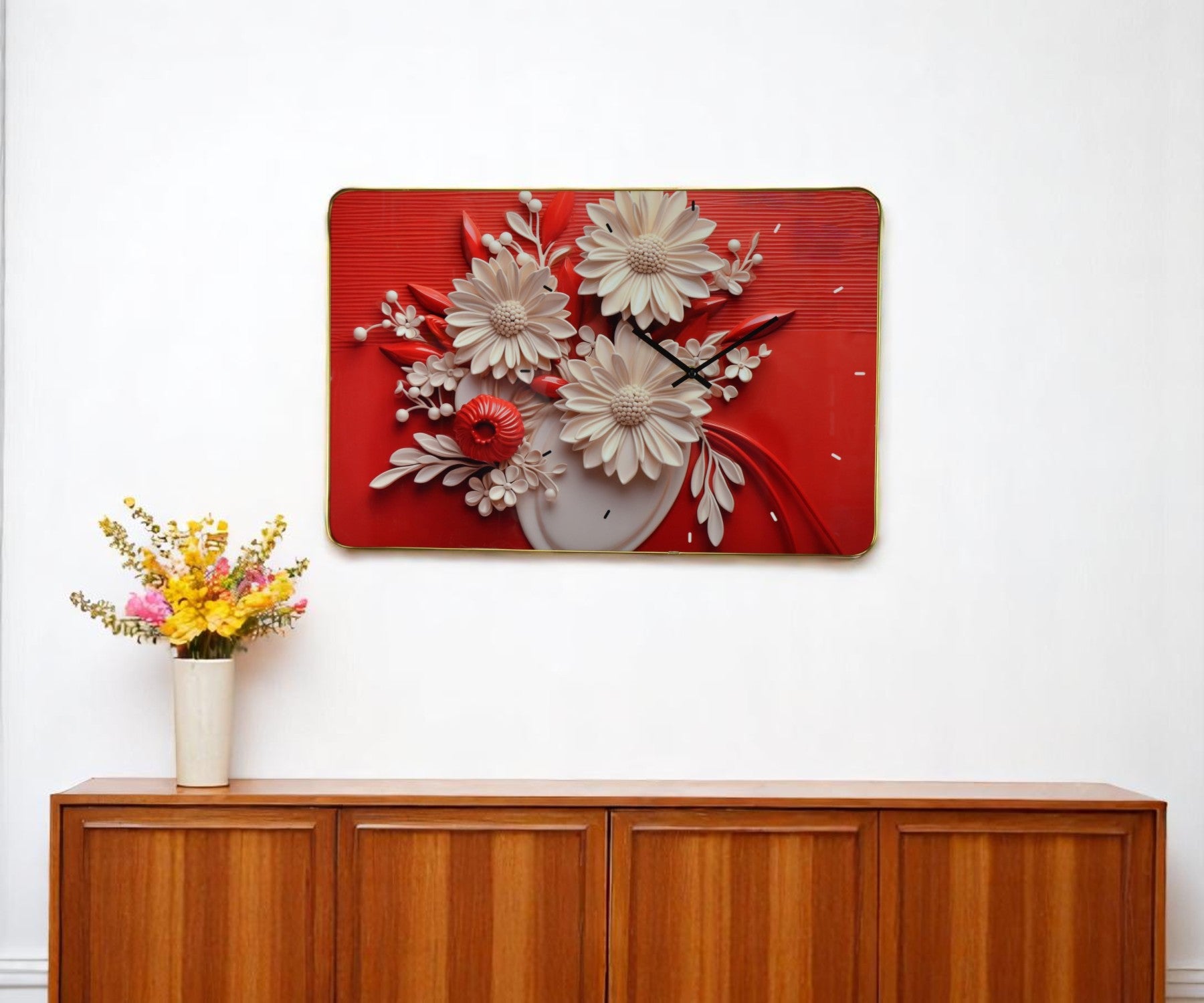 24" White Red And Black Solid Wood and Acrylic Silent Analog Floral Wall Clock-0