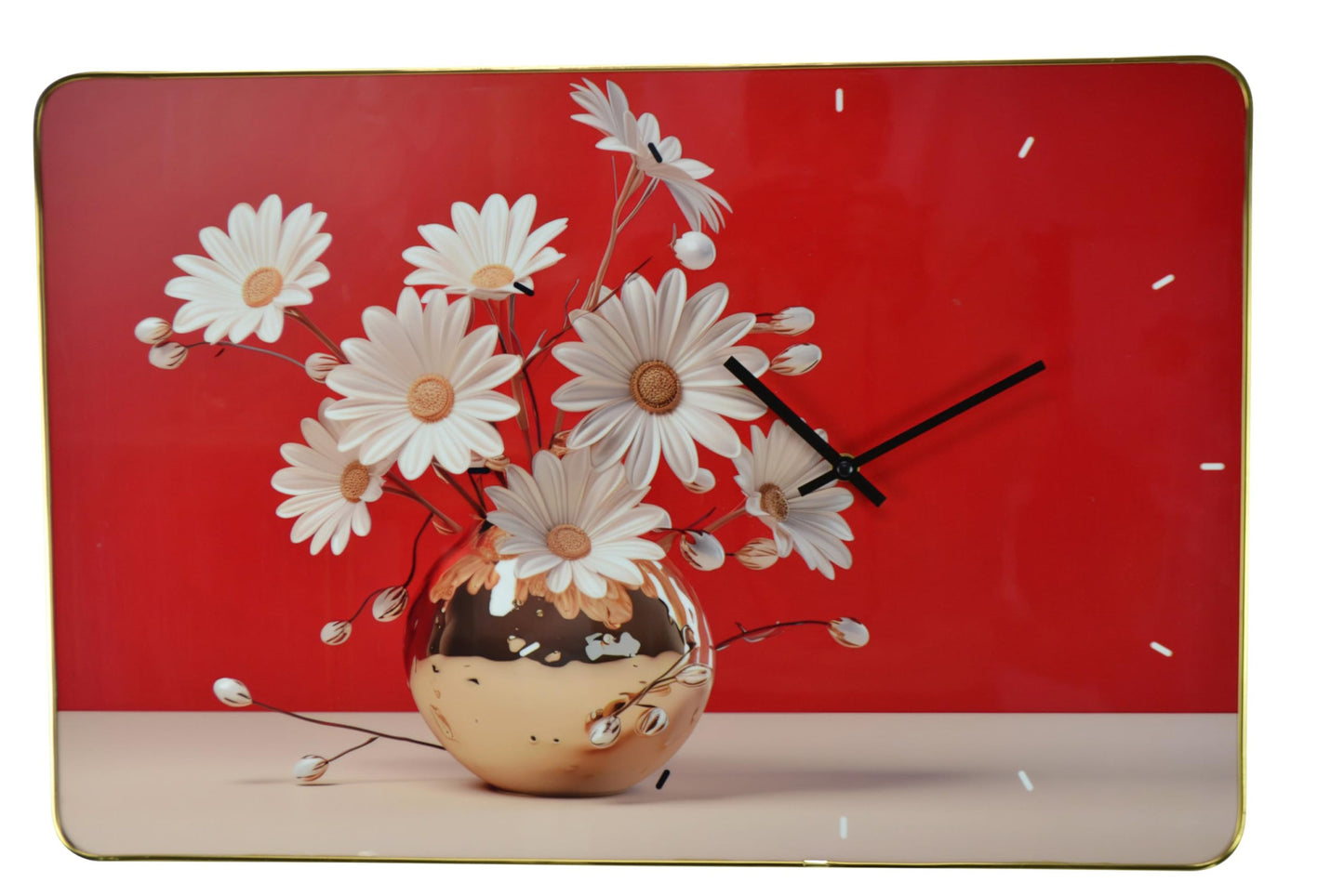 24" Gold Red And White Solid Wood and Acrylic Silent Daisies Floral Wall Clock-1