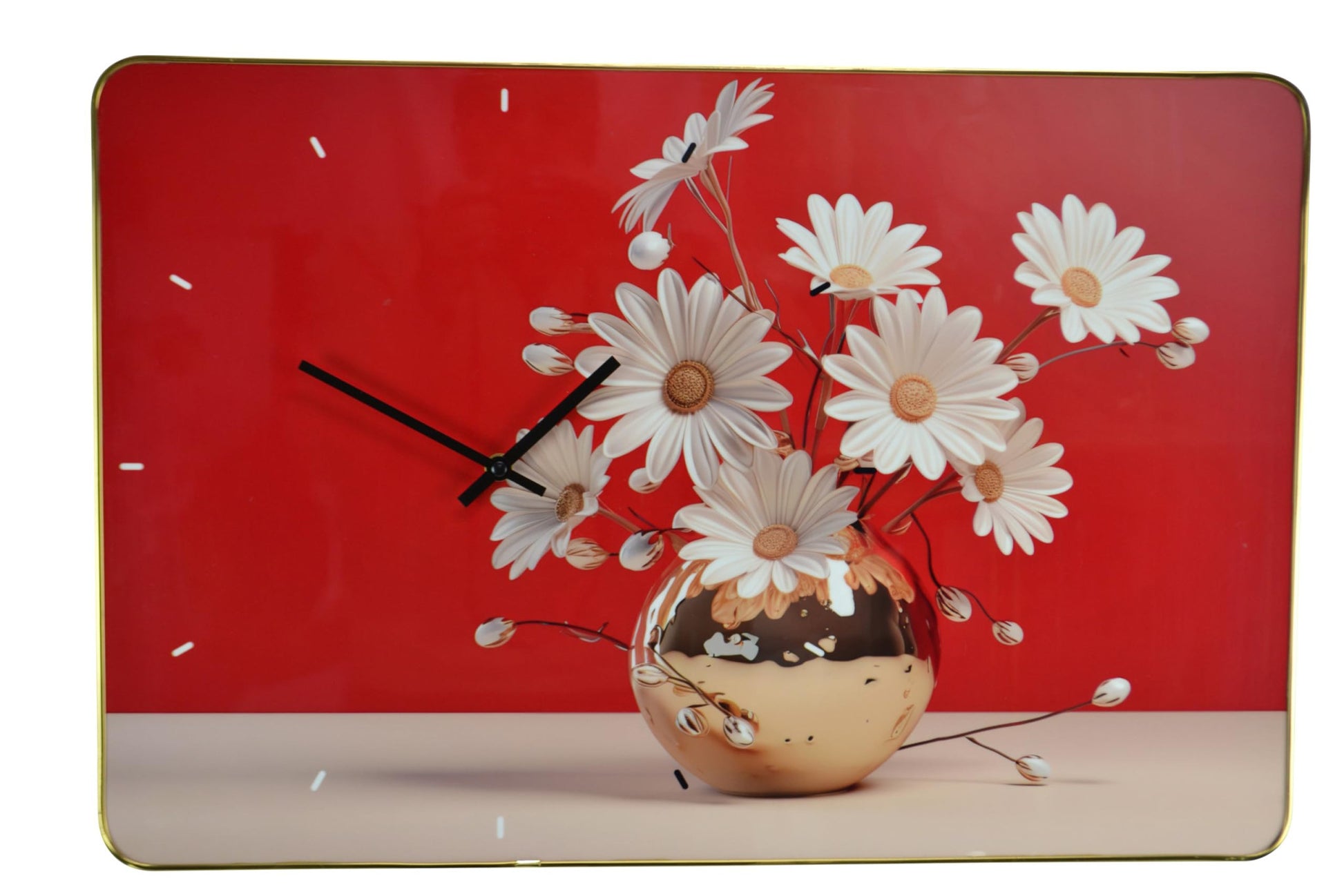 24" Gold Red And White Solid Wood and Acrylic Silent Daisies Floral Wall Clock-5