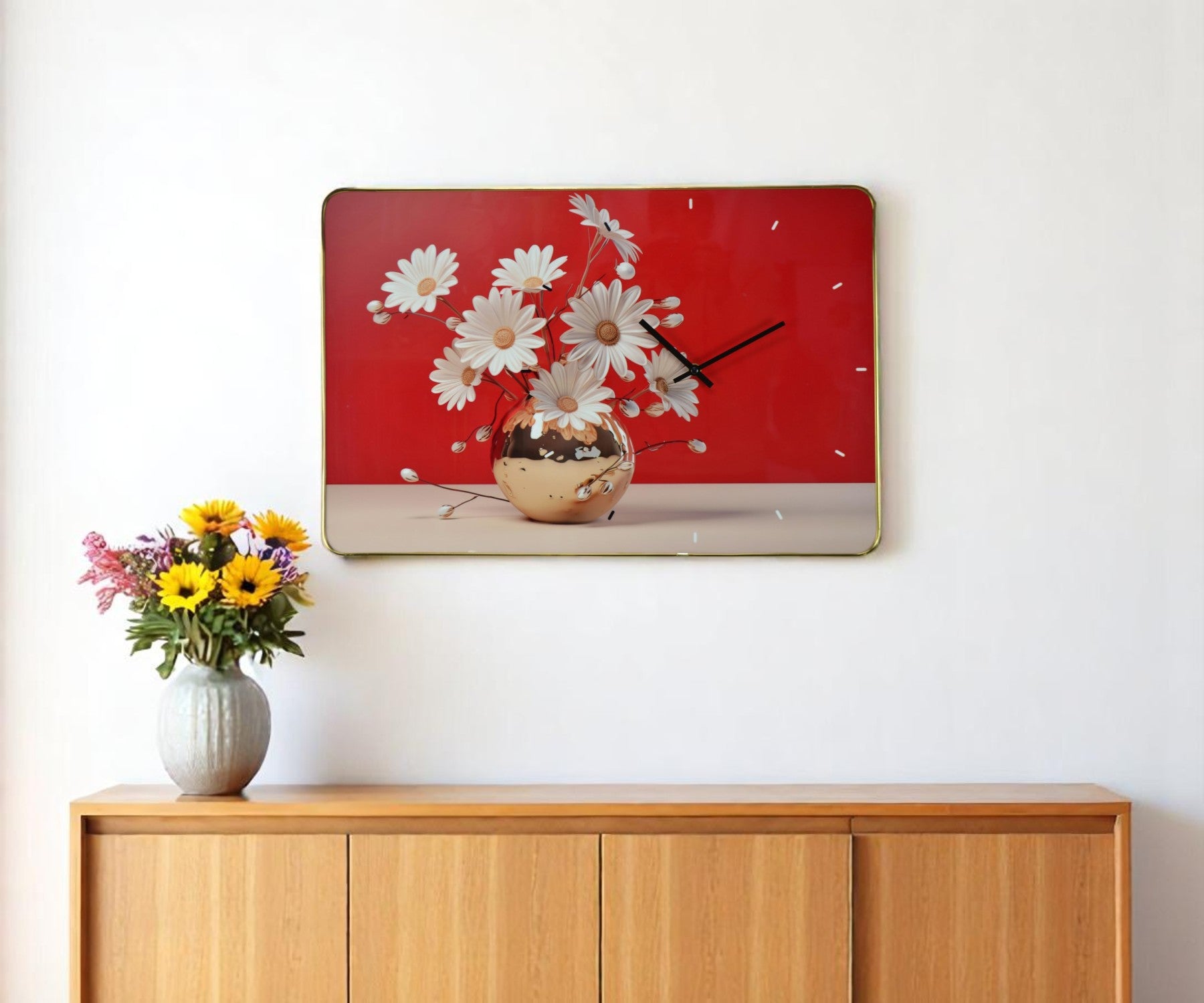 24" Gold Red And White Solid Wood and Acrylic Silent Daisies Floral Wall Clock-0