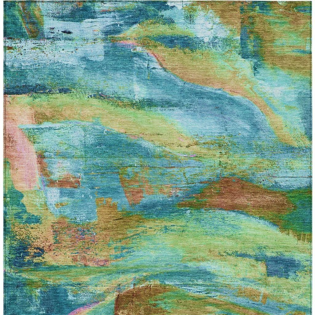 3' X 5' Teal Blue Lime Green And Blush Abstract Washable Indoor Outdoor Area Rug-5