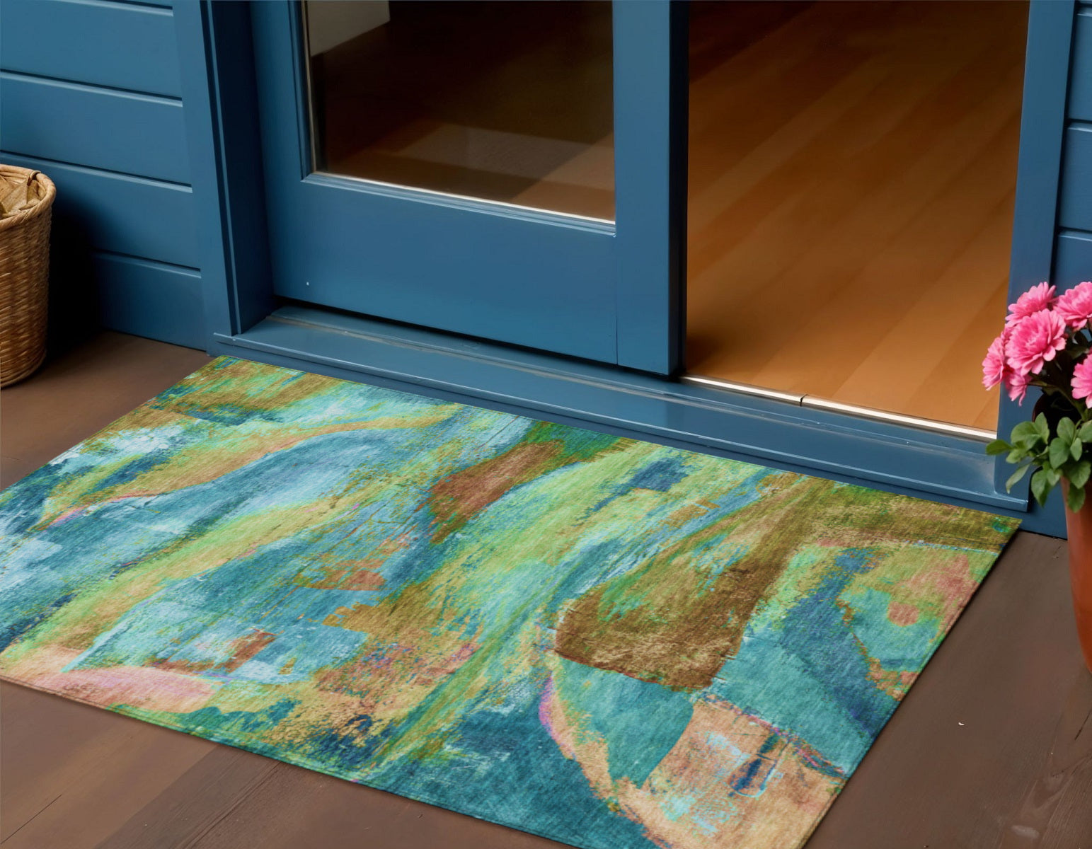3' X 5' Teal Blue Lime Green And Blush Abstract Washable Indoor Outdoor Area Rug-1