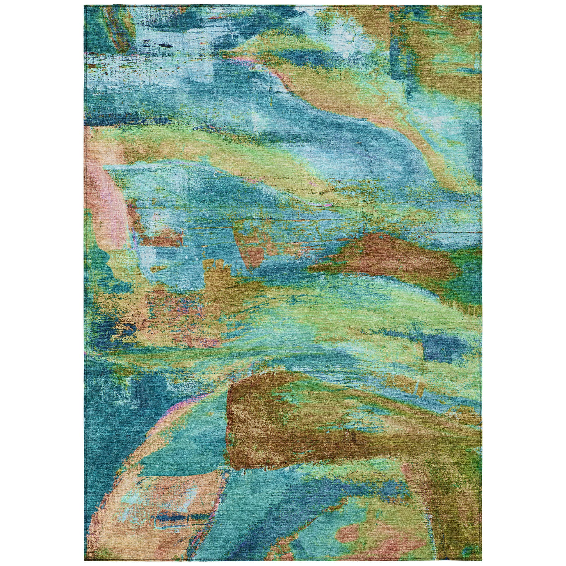 3' X 5' Teal Blue Lime Green And Blush Abstract Washable Indoor Outdoor Area Rug-0