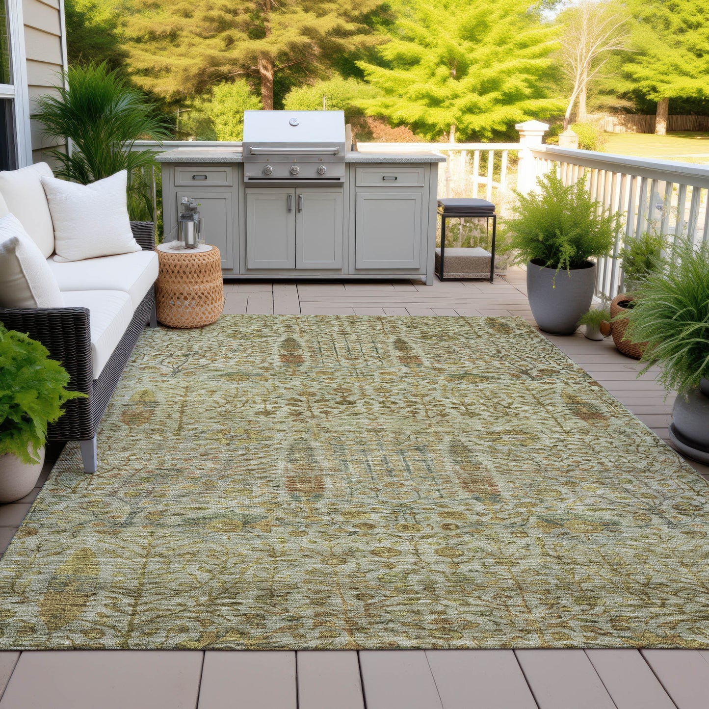3' X 5' Wheat And Fern Green Floral Washable Indoor Outdoor Area Rug-5