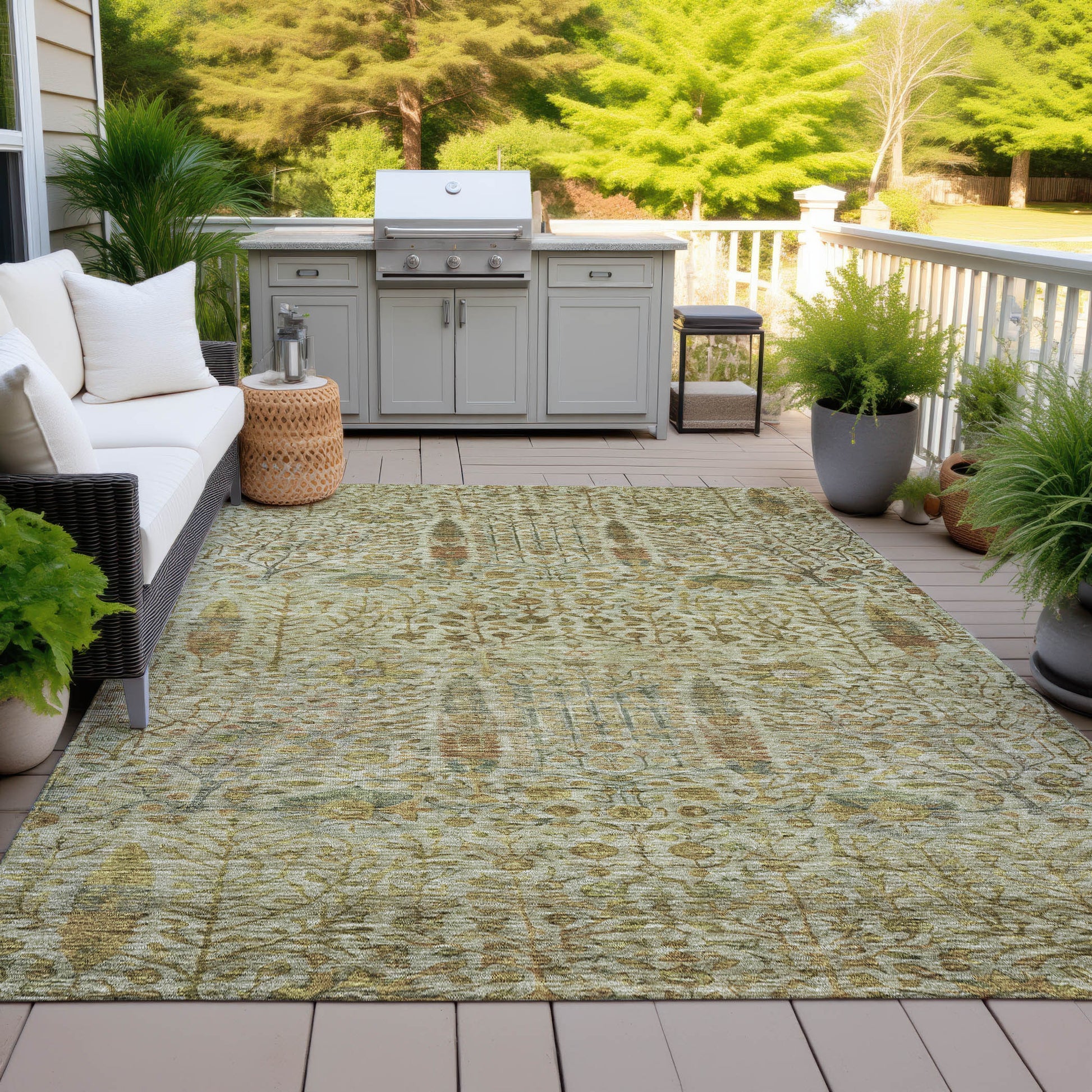 3' X 5' Wheat And Fern Green Floral Washable Indoor Outdoor Area Rug-5