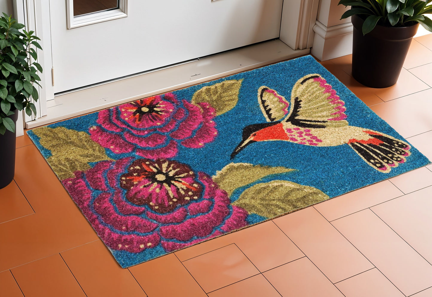 17" X 29" Blue Pink And Green Hummingbird Outdoor Coir Door Mat-1