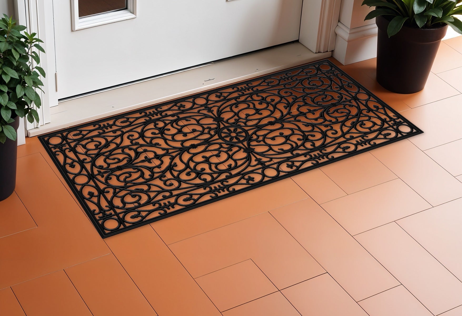 22" X 48" Black Scrollwork Outdoor Rubber Door Mat-1