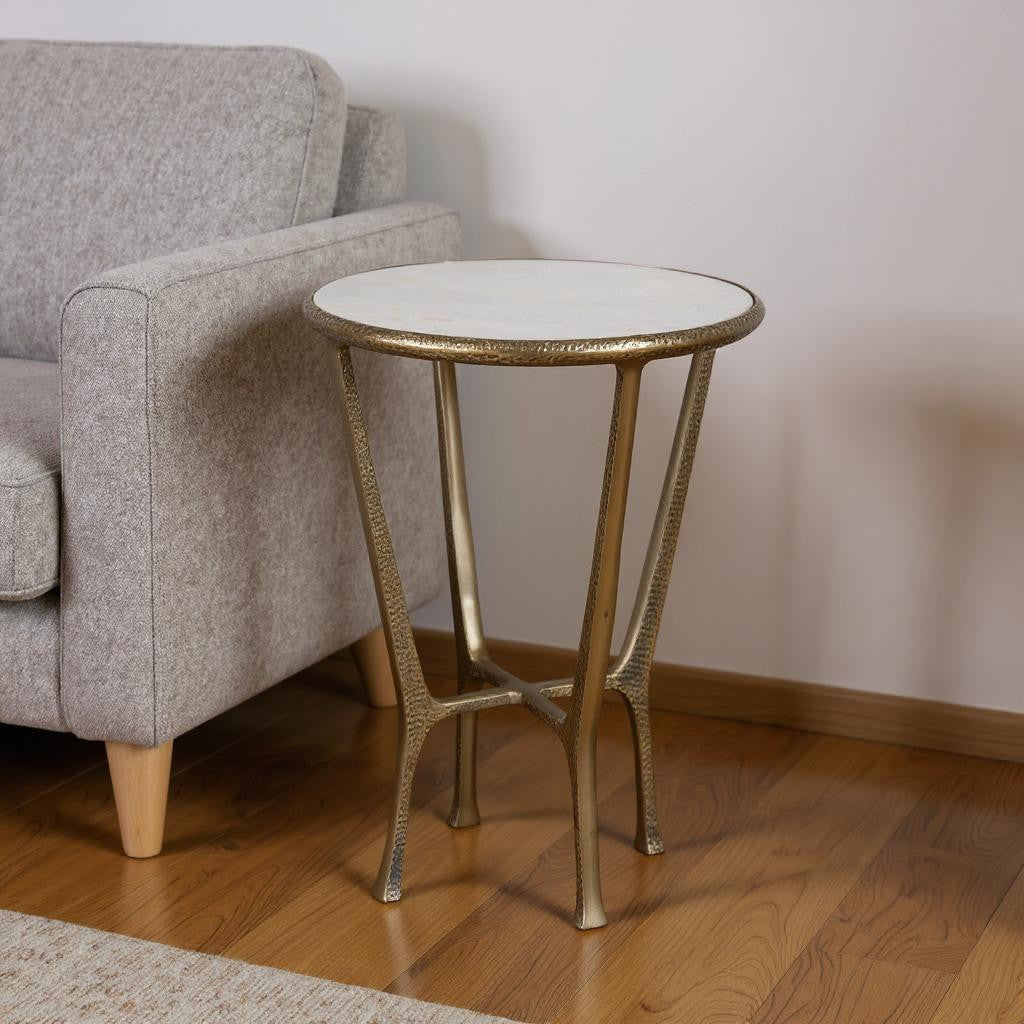 23" White and Gold Distressed Marble and Aluminum Round End Table-1