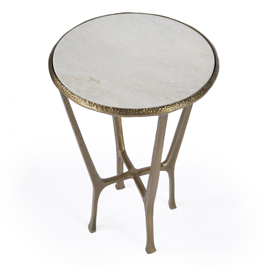 23" White and Gold Distressed Marble and Aluminum Round End Table-2