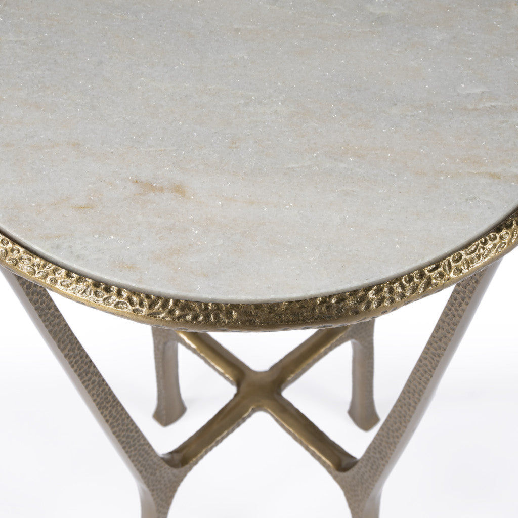 23" White and Gold Distressed Marble and Aluminum Round End Table-8