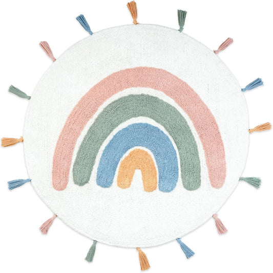 32" White Blue And Pink Cotton Rainbows Round Youthful Bath Rug-0