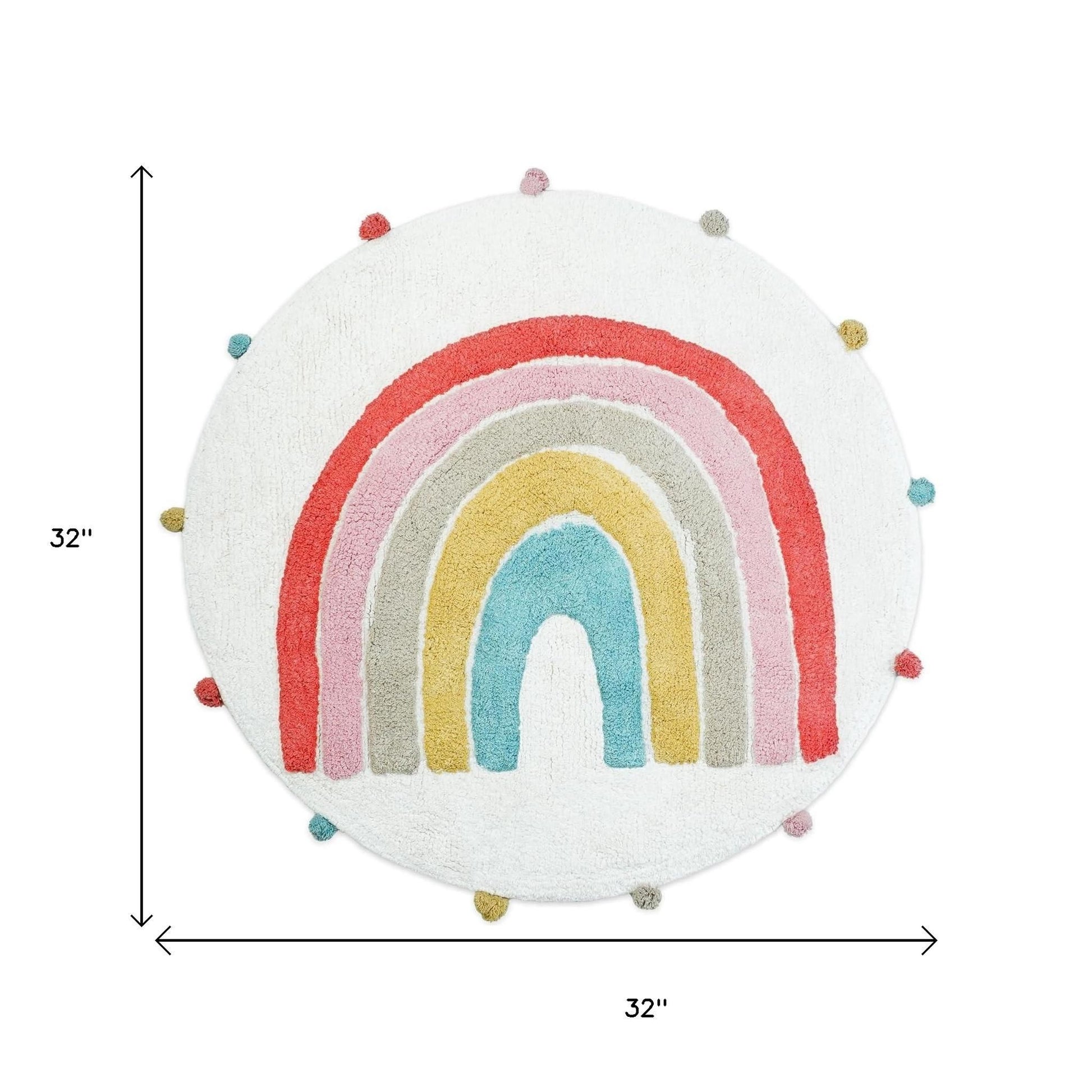 32" White Pink And Yellow Cotton Rainbows Round Youthful Bath Rug-5